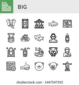 Set of big icons such as Coliseum, Elephant, Full length mirror, Carousel, Shark, Data, Funnel, Cruise, Sumo, Clock tower, Big ben, Stones, Saber toothed tiger, Fisherman , big