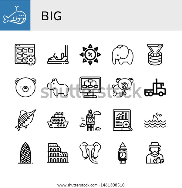 Set\
of big icons such as Whale, Data, Bumper car, Summer sale,\
Elephant, Funnel, Bear, Hippopotamus, Lorry, Marlin, Cruise, Big\
ben, Data analytics, Shark, Gherkin, Coliseum ,\
big