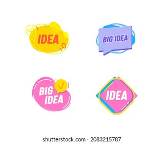 Set Big Idea Quotes in Doodle Frame with Hand Drawn Light Bulb Isolated on White Background. Graphic Design Elements with Typography, Sticker, Icon, Educational Banner. Cartoon Vector Illustration