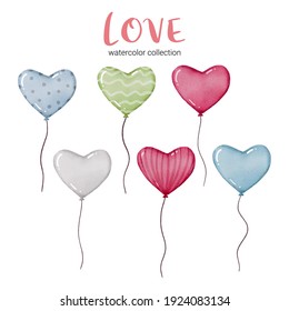Set of big isolated watercolor valentine concept element lovely romantic red-pink hearts for decoration, Vector illustration.