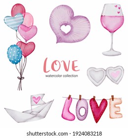 Set of big isolated watercolor valentine concept element lovely romantic red-pink hearts for decoration, Vector illustration.