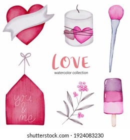 Set of big isolated watercolor valentine concept element lovely romantic red-pink hearts for decoration, Vector illustration.