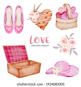 Set of big isolated watercolor valentine concept element lovely romantic red-pink hearts for decoration, Vector illustration.