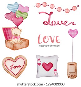 Set of big isolated watercolor valentine concept element lovely romantic red-pink hearts for decoration, Vector illustration.