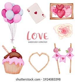 Set of big isolated watercolor valentine concept element lovely romantic red-pink hearts for decoration, Vector illustration.