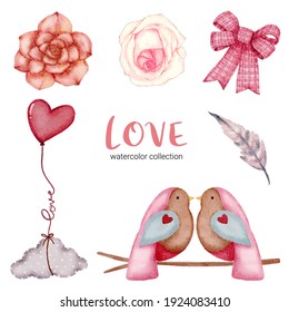 Set of big isolated watercolor valentine concept element lovely romantic red-pink hearts for decoration, Vector illustration.