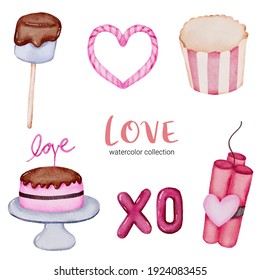 Set of big isolated watercolor valentine concept element lovely romantic red-pink hearts for decoration, Vector illustration.