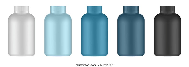 Set of big medical pill bottles. White, blue green and black jars. Plastic medicine container. 3d mockup of a pharmaceutical packaging