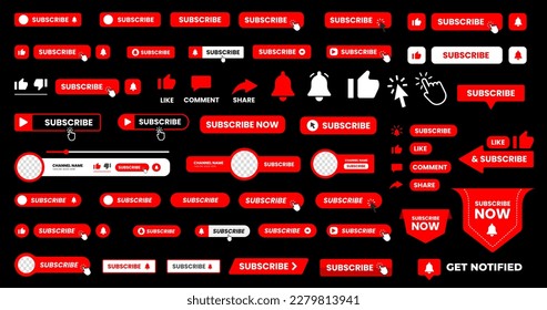 set of big mega collection Subscribe button with hand click icon. Subscribe, bell button and hand cursor bundle. Red button subscribe to channel, blog. Social media background. subscribe button bundle