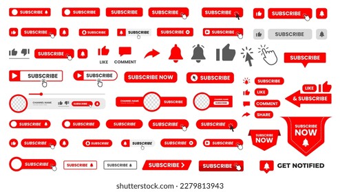 Set von großen Mega-Kollektion Abonnieren Schaltfläche mit Hand klicken Symbol. Abonnieren, Glockentaste und Hand-Cursor-Bundle. Roter Button abonnieren Sie Kanal, Blog. Hintergrund sozialer Medien. Button-Paket abonnieren