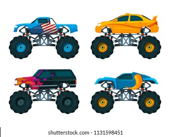 Set big monster truck cars. Vector pictures set of auto monster, large 4x4 transport, off-road automobile illustration