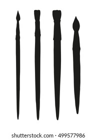 Set of big old plastic acrylic brushes isolated on white backdrop. Dark ink hand drawn object sketchy in antique artsy design style pen on paper. Closeup view