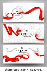 Set of BIG OPENING banners with red sparkling ribbons  and scissors