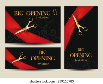 Set of big opening invitation cards with red red ribbons and scissors