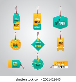 set big opening tags we are open coronavirus quarantine is over advertising campaign concept