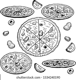 Set of big pizza with many foreshortening with ingredients meat, olive, tomato for poster, menu, box. Vector hand-drawn sketches. Isolated on transparent background