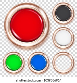 Set of big plastic buttons in various colors with bronze metallic border
