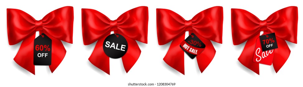 Set of big red bows with shadows and sale labels and tags on white background