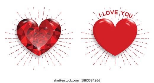 Set Big red hearts on white background. Red ruby. Happy Valentine's Day. Vector illustration.