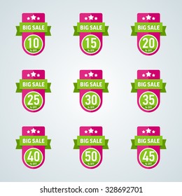 Set of big sale 10-50 percent pink badge with green ribbon. Vector illustration.