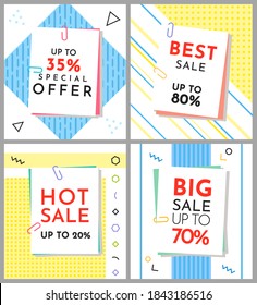Set of big sale banners. Discount poster template. Big sale special offer. End of season special proposition banner vector flat style. Best price advertising poster up to 90% on blue-yellow background