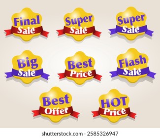 set of big sale icons of round shape in bright yellow color