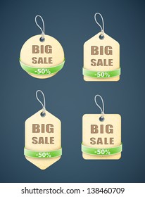 set of big sale paper labels with green ribbon eps10