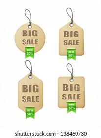 set of big sale paper labels with green ribbon eps10