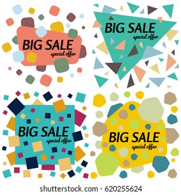 Set of big sale special offer square banners on white background.  Vector background with colorful design elements. Vector illustration.
