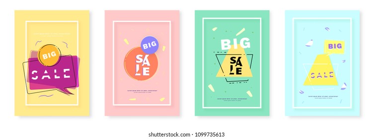 Set of Big Sale vertical banners. Promotion cards for social media posts. Kit of abstract geometric backgrounds with frame. Template for web advertising. Vector illustration.