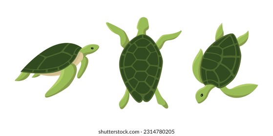 Conjunto de dibujos animados de tortugas marinas adorables diseño animal océano tortuga nadar en el agua. Dibujo plano a mano ilustración vectorial aislado en fondo blanco