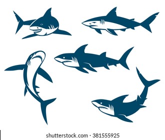 Set of big sharks black silhouettes. Vector illustration. Sharks logo set. Animal hunter emblem, company branding shape, vector illustration.