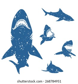 Set of big sharks with grunge style. Vector illustration. 