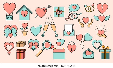 Set of big simple flat icons of beautiful hearts, gifts, envelopes, love items for the holiday of love Valentine's Day February 14 or March 8 on a pink background. Vector illustration.