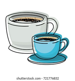 set big and small cup of coffee colorful watercolor silhouette vector illustration