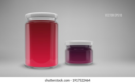 A set of big and small glass jam jars with lids. Realistic 3D illustration. Vector