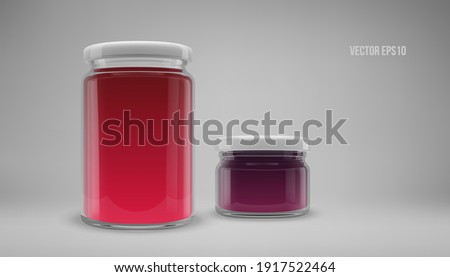 A set of big and small glass jam jars with lids. Realistic 3D illustration. Vector