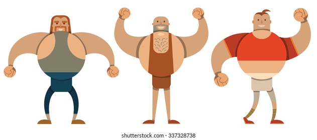 set of big strong athletes in flat style, vector