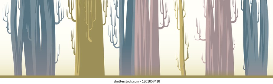 A set of big trees for bakgrounds. An illustration of huge leafless trees in ochre, dust pink and blue colors. A tall forest for animation BG. Flat baobabs for landscape woods themed designs.