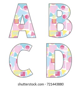 Set of big vector letters with a modern pattern. Letters A, B, C, D
