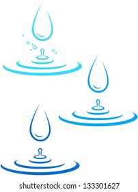 set with big water drop and blue wave on white background