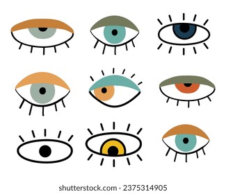 Set of big-eyed eyes. Vintage colors. Flat vector style.