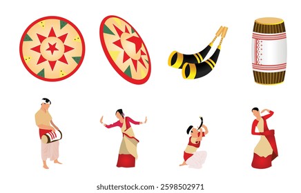 Set of Bihu festival dance, Dhol, Pepa, Japi, vector on white isolated