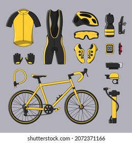 Juego de bicicletas con ilustraciones vectoriales de accesorios