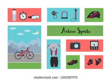 Set for bike, bicycle  banner, outfit and form for cycling. Vector illustration