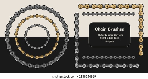 Set of bike chain pattern brushes with corners, end and start tiles. For vintage design of logo, emblem, symbol, sign, badge, label, stamp. Isolated on white and black background