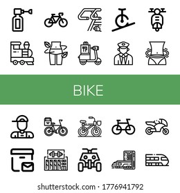 Set of bike icons. Such as Ear spray, Train, Bicycle, Diet, Bike, Scooter, Rope biking, Hula hoop, Delivery boy, Postal delivery, Gym, All terrain, Subway, Motorcycle , bike icons