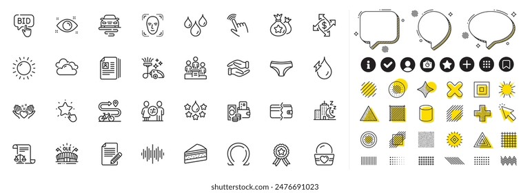 Set of Bike path, Route and Face detection line icons for web app. Design elements, Social media icons. Hydroelectricity, Cursor, Bid offer icons. Payment methods, Waterproof, Article signs. Vector