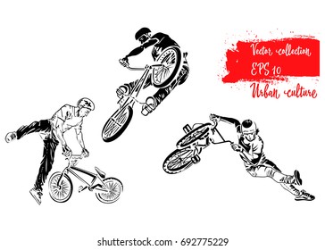 Set of bike rider jumping. Representatives of Urban Culture. Extreme theme modern print. Vector design elements. Isolated on white