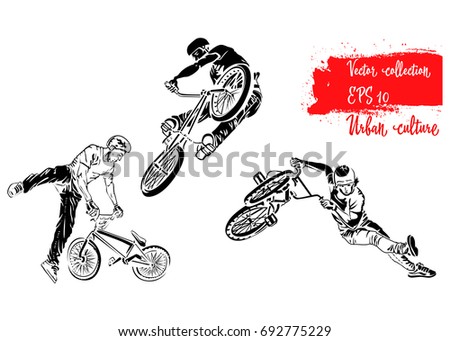 Set of bike rider jumping. Representatives of Urban Culture. Extreme theme modern print. Vector design elements. Isolated on white